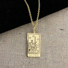 Load image into Gallery viewer, The Queen of Swords Tarot charm on a chain necklace- Gold