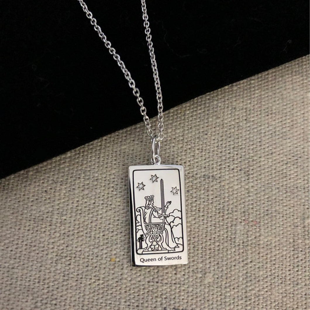 Queen of Swords Tarot Charm on a chain Necklace - Silver
