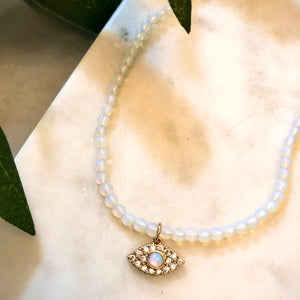 Moonstone Beaded Necklace with Eye Charm