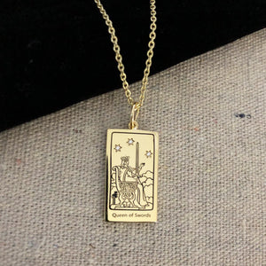 The Queen of Swords Tarot charm on a chain necklace- Gold