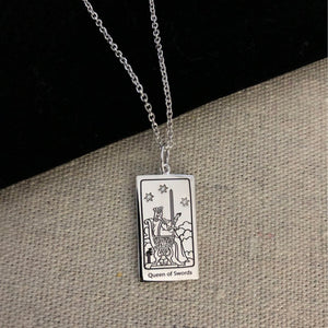 Queen of Swords Tarot Charm on a chain Necklace - Silver